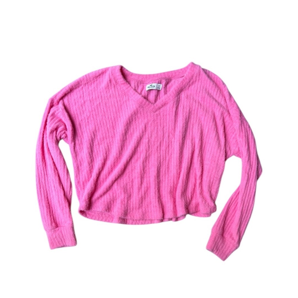 Hollister Hot Pink Fuzzy Ribbed V-Neck Cropped Sweater Women's Medium